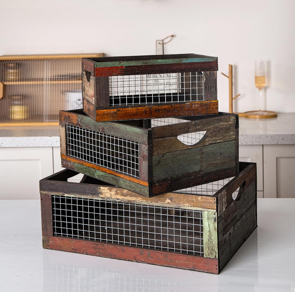TIMRIS Set of 3 Rustic Wood Nesting Crates, Farmhouse Distressed Wooden Stora...