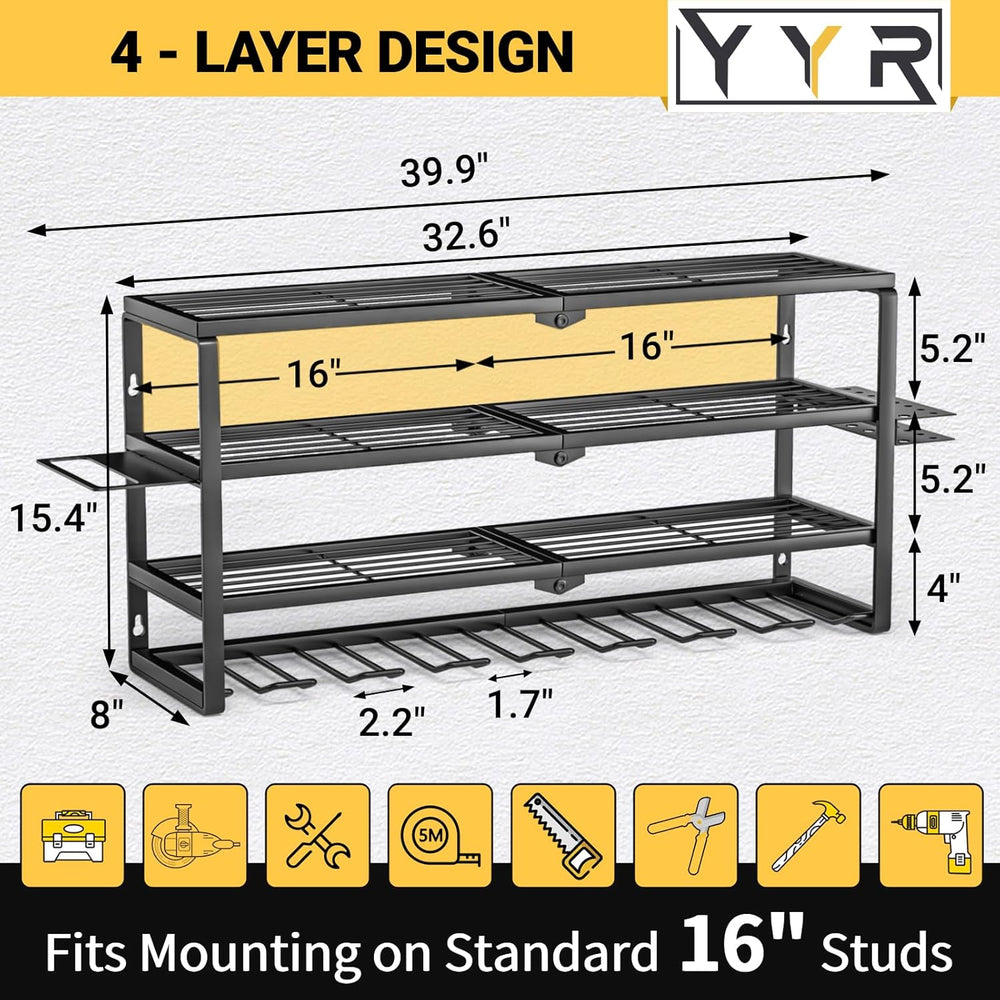 4 Layer Power Tool Organizer Wall Mount, Cordless Drill Hanger Storage Rack, ...