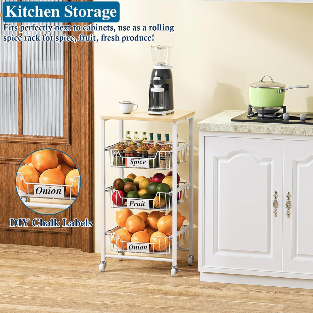 OKZEST 4-Tier Kitchen Storage Cart with 3 Upgraded Drawer Basket & Wood Top