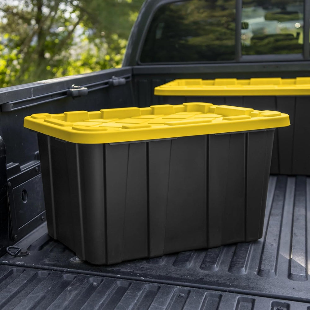 27 Gallon Durable Plastic Storage Tote with Snap-On Lid, Black and Yellow, He...