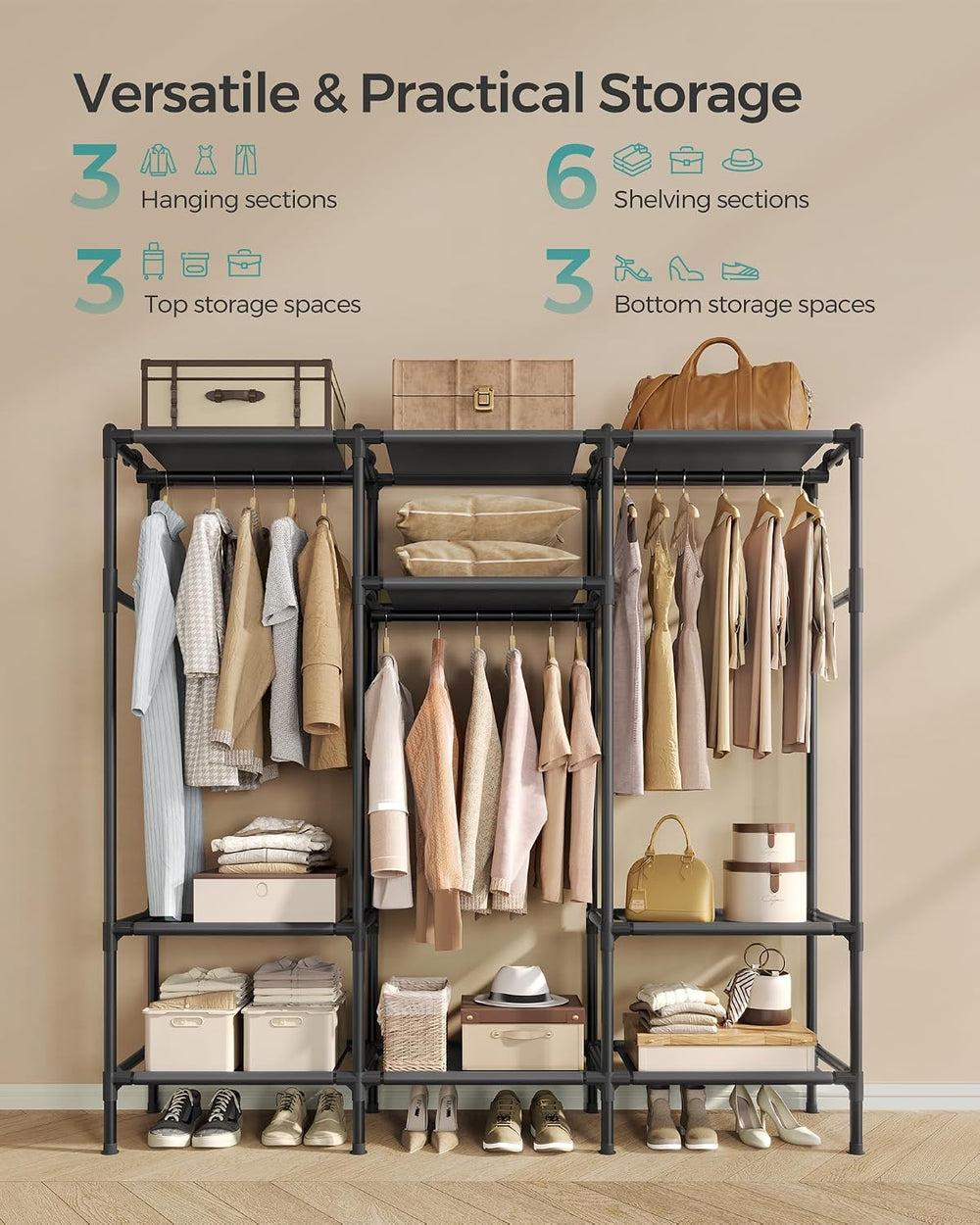 SONGMICS Clothes Rack, Heavy-Duty Wardrobe Closet Organizer