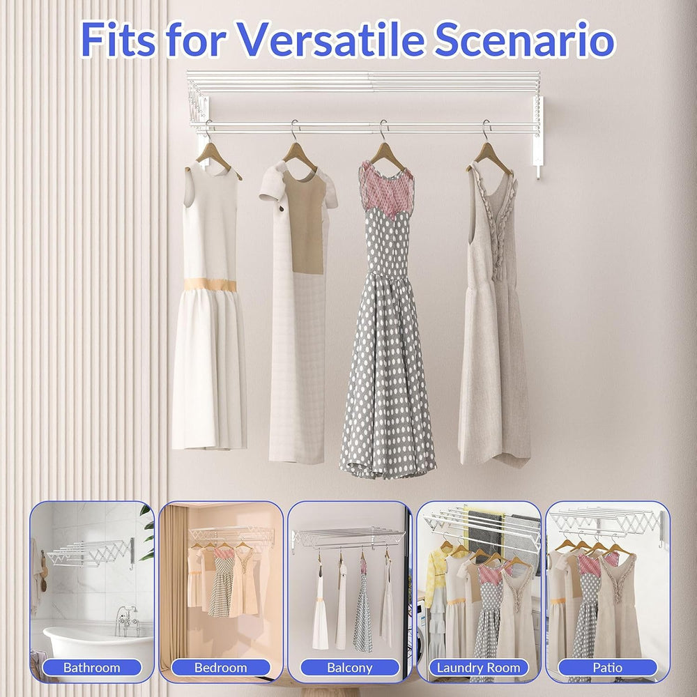 | Clothes Drying Rack Wall Mounted with Hooks - Foldable & Removable Laun...