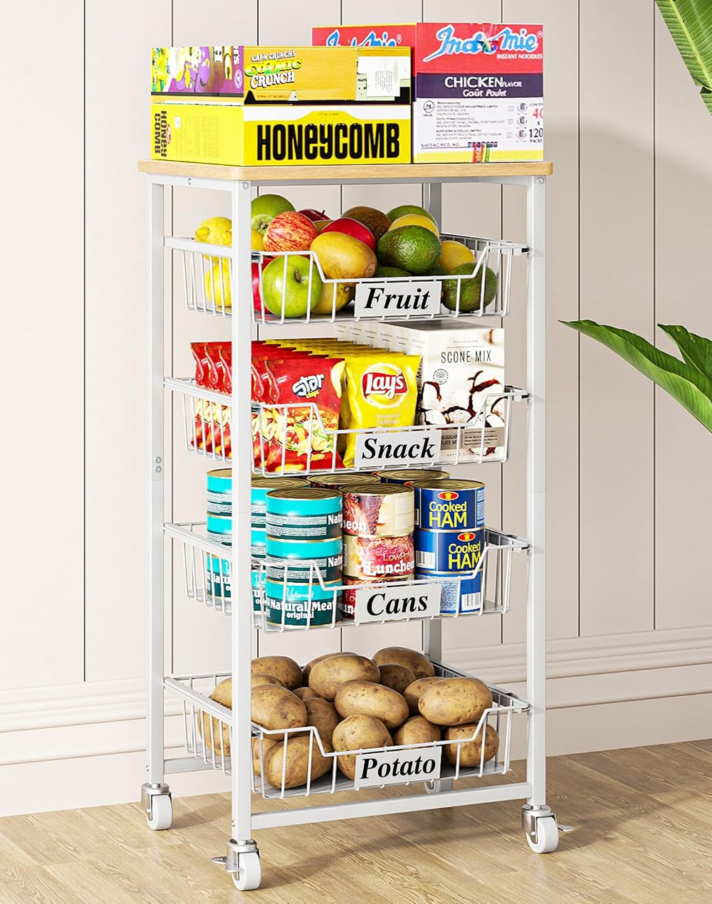 5-Tier Kitchen Storage Cart with 4 Upgraded Drawer Basket & Wood Top
