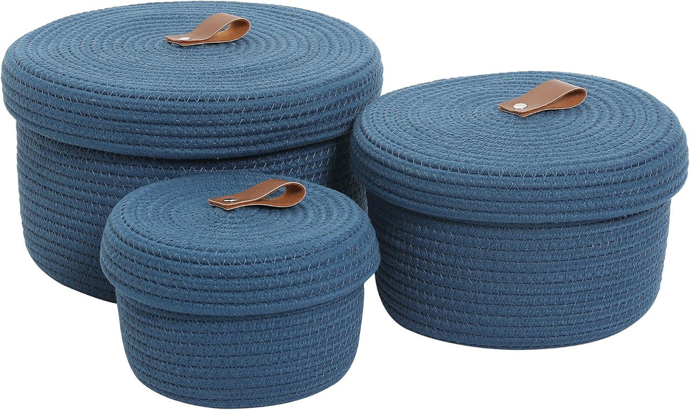 Set of 3 Small Woven Baskets with Lids, Cotton Rope Round Nesting Storage Bas...