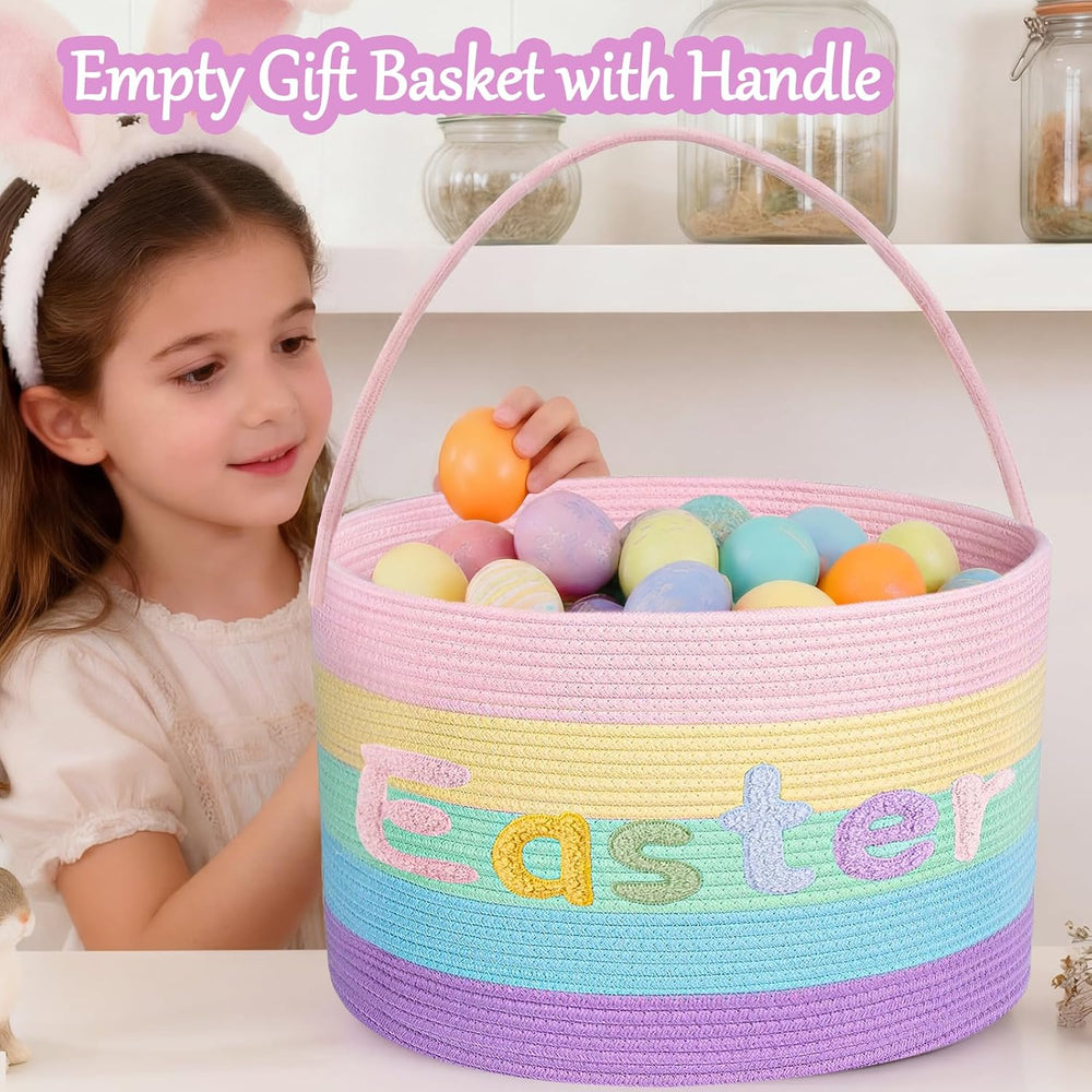 Rainbow Easter Basket, Extra Large Easter Egg Hunting Basket, Woven Cotton Ro...