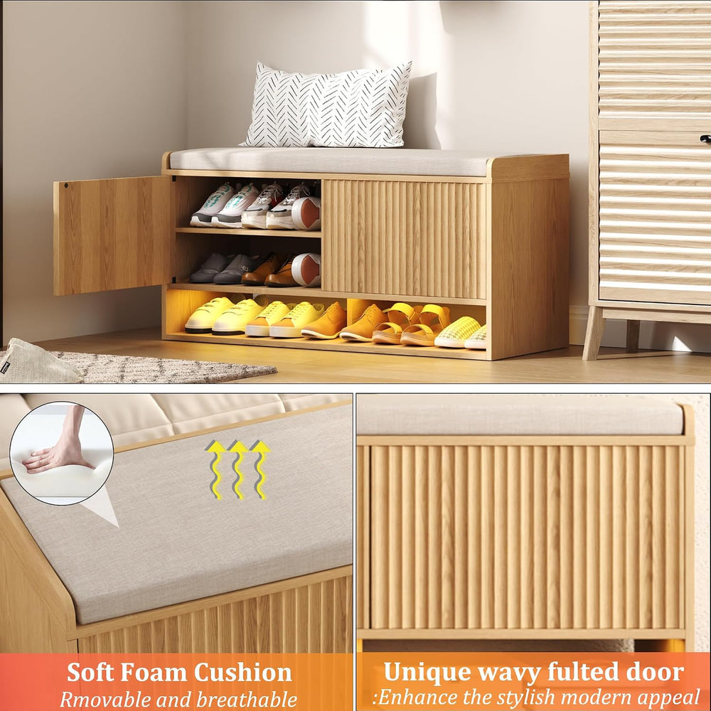 HOMEFORT 39.4" Fluted Shoe Storage Bench, Entryway Bench with Linen Seat...
