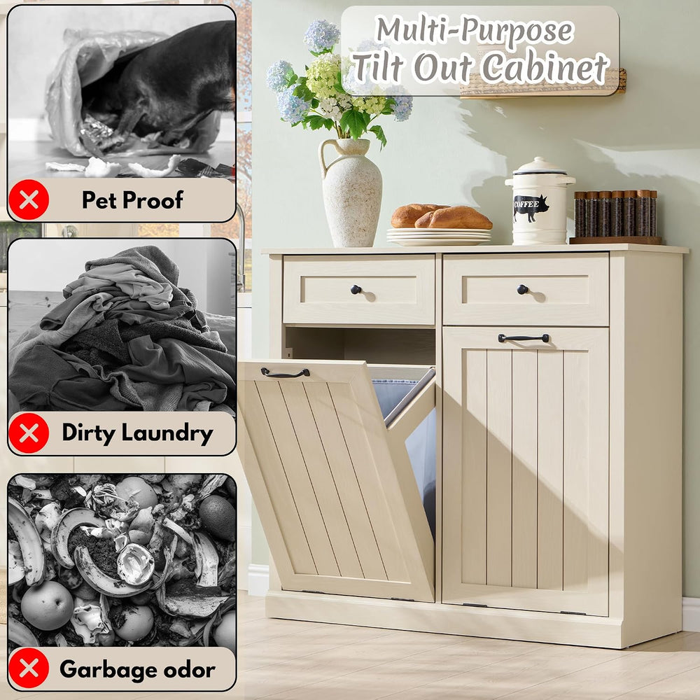 IFBUY Double Tilt Out Laundry Hamper Cabinet, Trash Cabinet, Cream