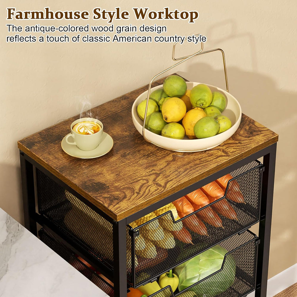 Kitchen Rolling Cart with Drawers, 4-Tier Fruit Vegetable Storage Cart on Whe...