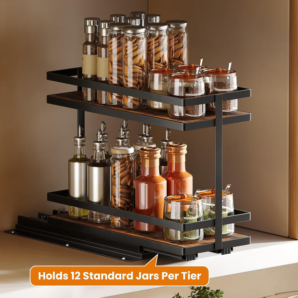 Pull Out Spice Rack 2Pcs Metal & Wood Seasoning Organizer Black
