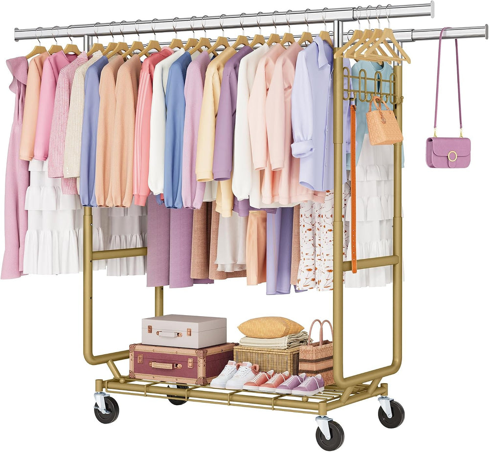 Hoctieon 2-Minute Assembly Double Rod Clothes Rack, Heavy Duty Rolling Clothi...