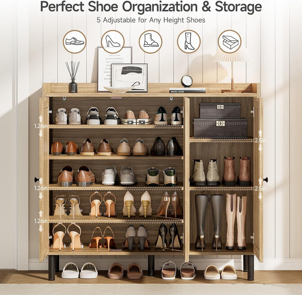 ONBRILL Large Shoe Cabinet with 3 Doors & Adjustable Shelves (Natural Oak)