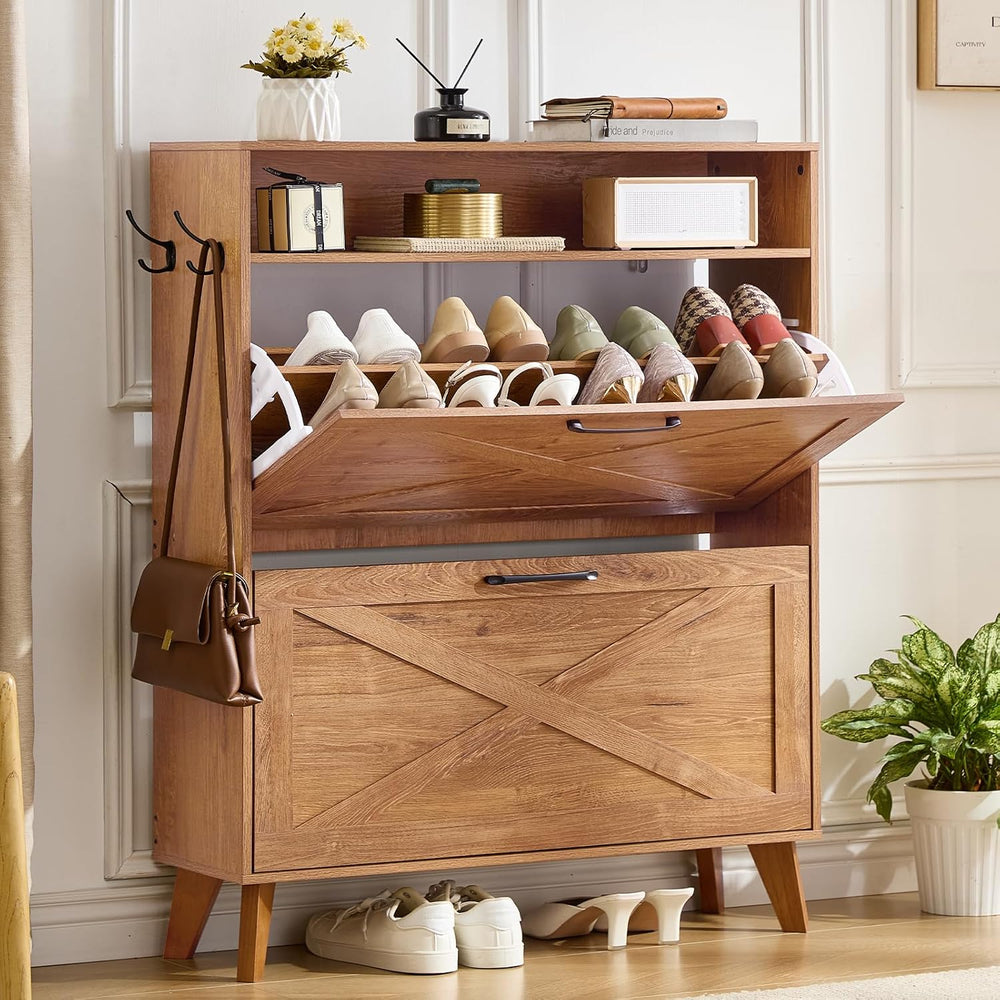 Joaxswe Narrow Shoe Cabinet with 2 Flip Drawers for Entryway,Tea Brown