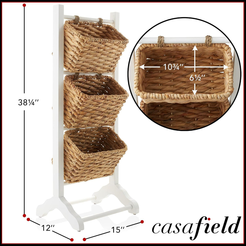 Casafield 3-Tier Floor Stand with Water Hyacinth Storage Baskets, White/Natur...