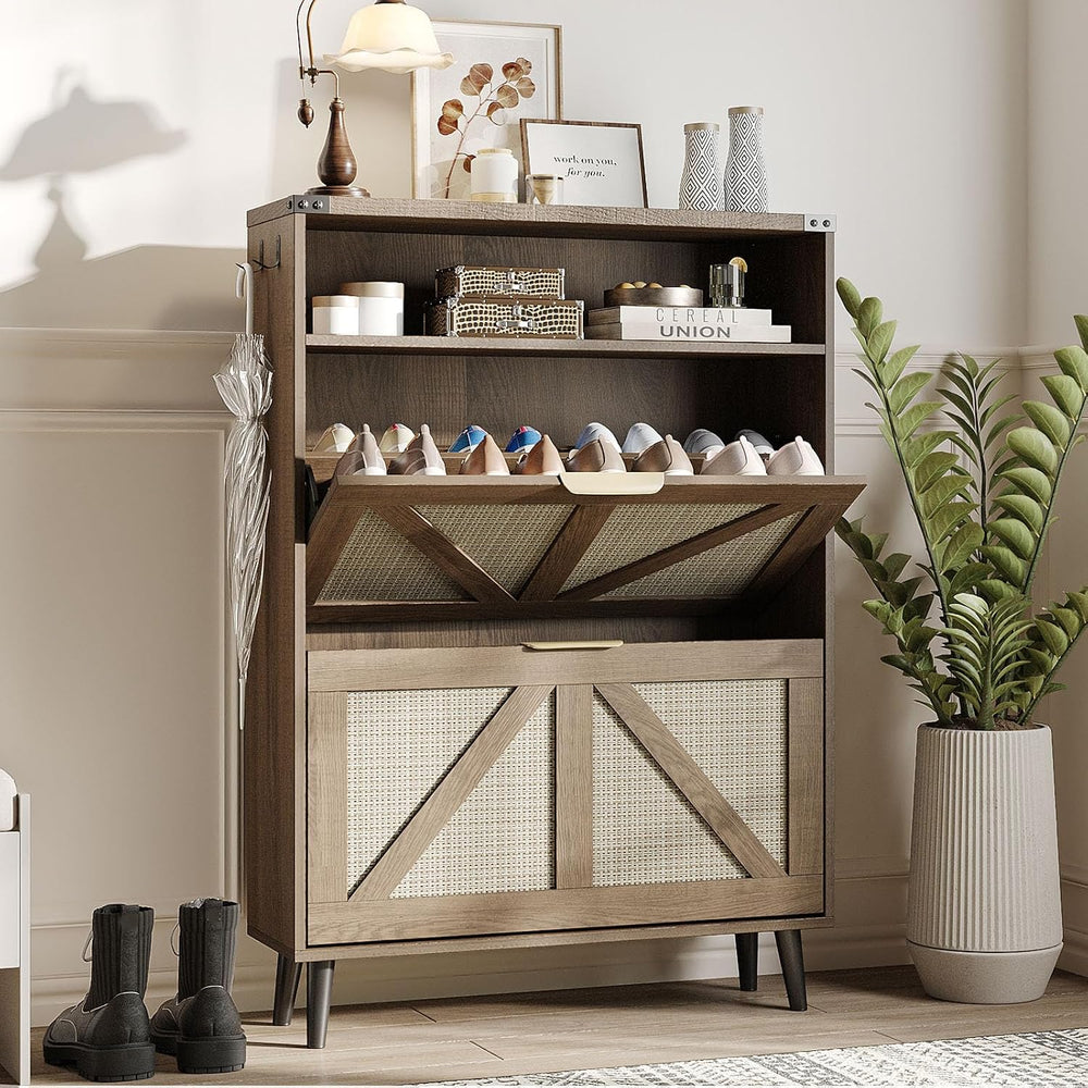Halitaa Shoe Cabinet with 2 Flip Drawers & Open Storage,Farmhouse Shoe St...