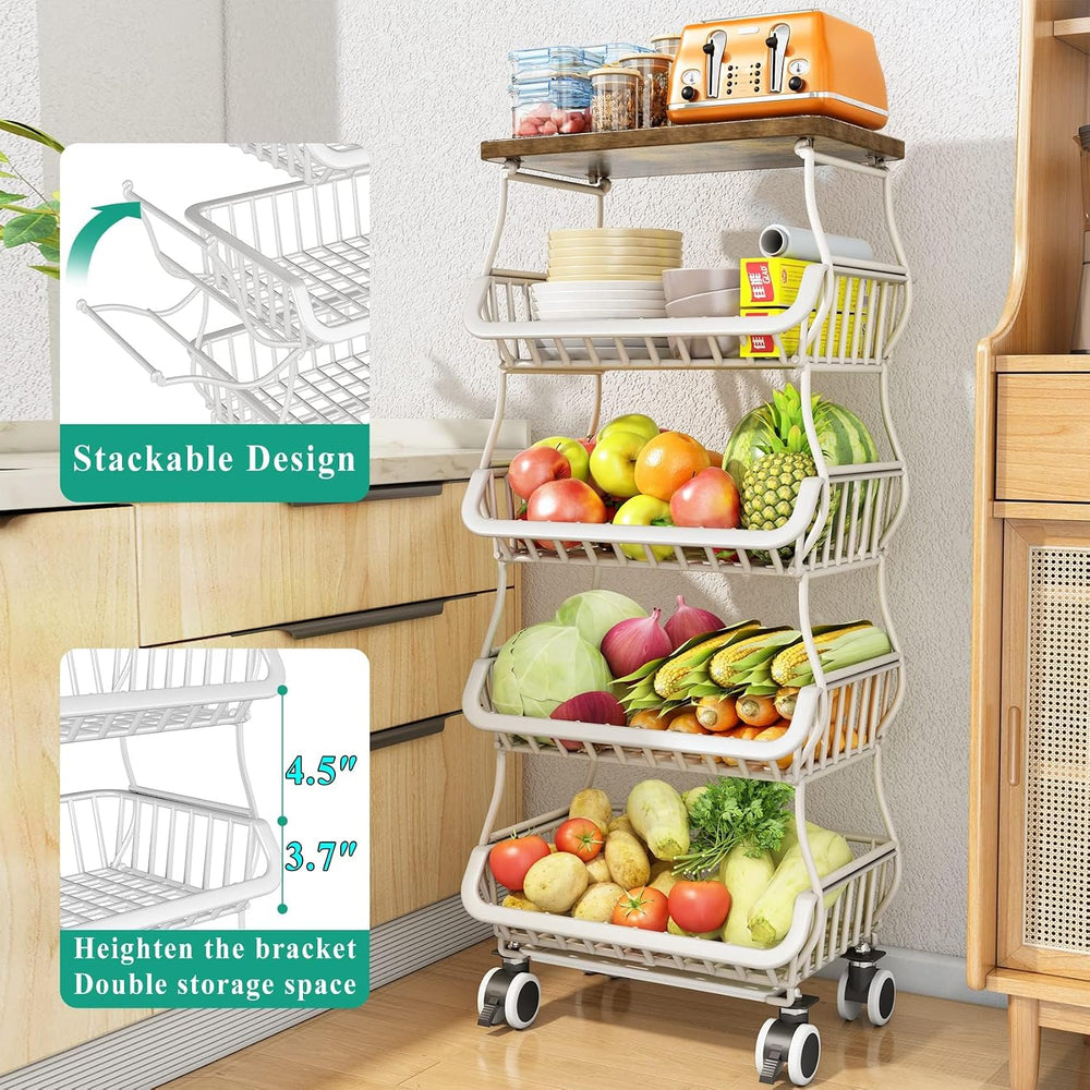 SAYZH 5-Tier Fruit and Vegetable Basket Stand for Kitchen, Wood Top, White