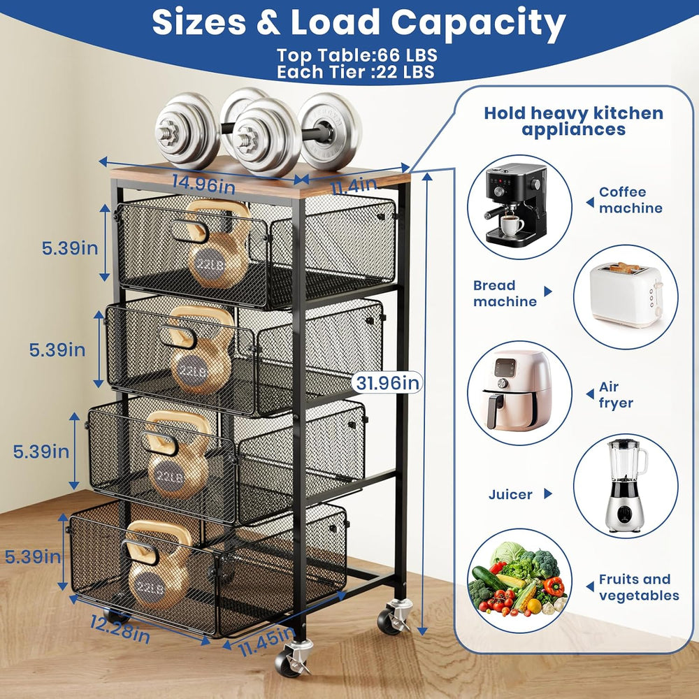 Goovilla Kitchen Cart with Drawers, Lockable Wheels with Wooden Top, Black