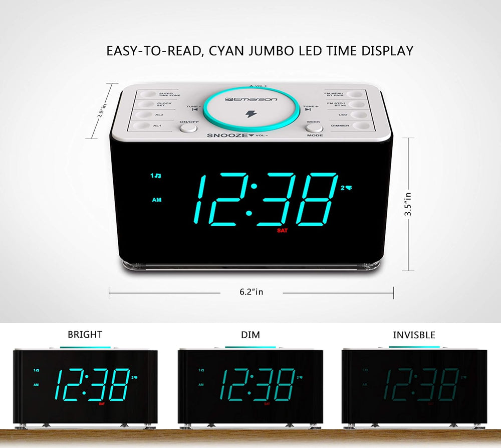 Emerson Smartset Wireless Charging Dual Alarm Clock Radio with PLL FM, 15 Wat...