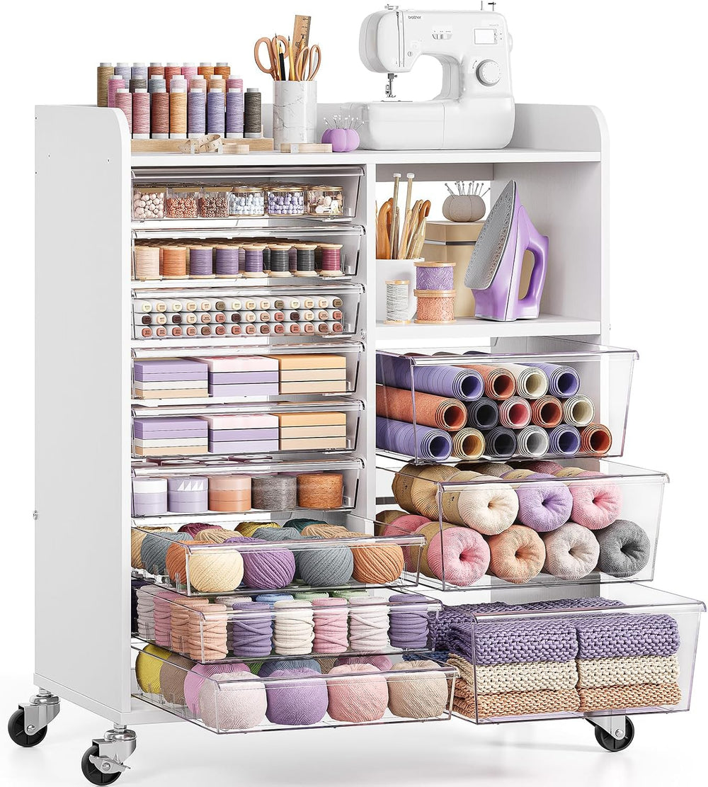 APEXCHASER 12-Drawer Storage Cabinet with Wooden Top and Open Shelf, White