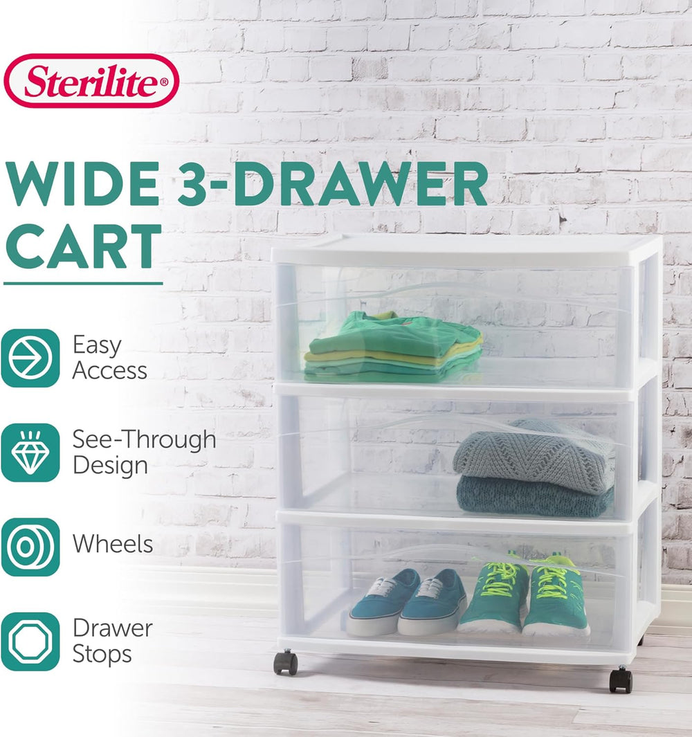 Sterilite Wide 3 Drawer Storage Cart Plastic Rolling Organizer, White Frame