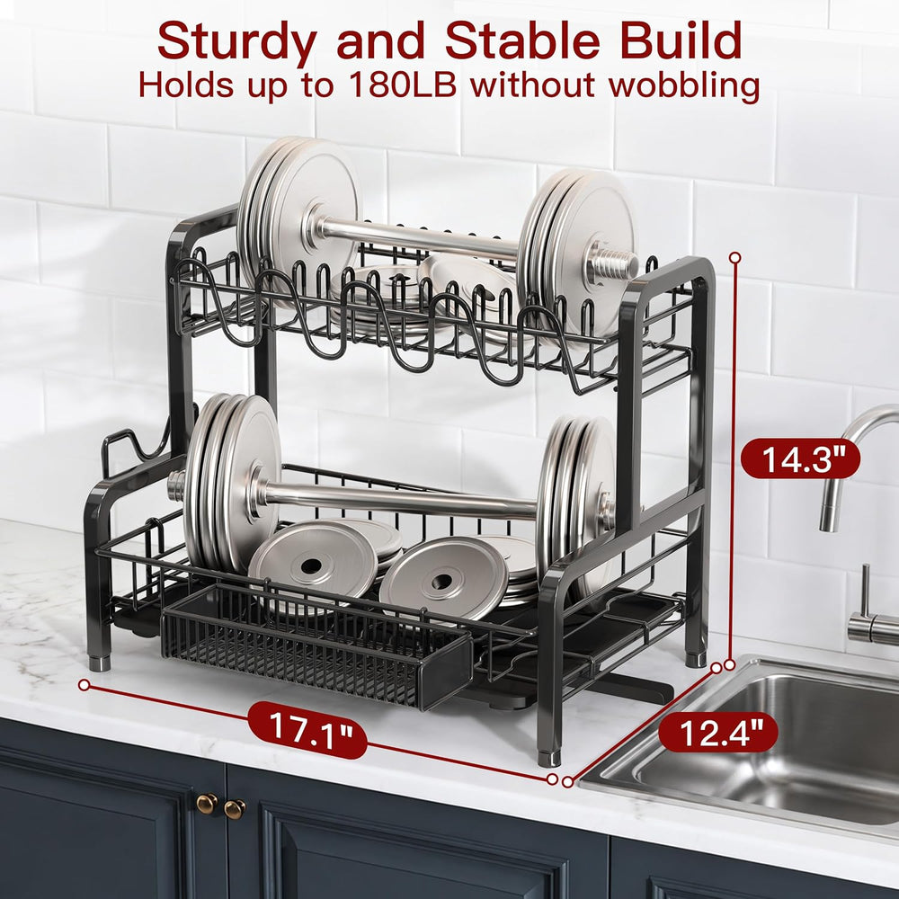 2 Tier Black Stainless Steel Dish Drying Rack for Kitchen Counter