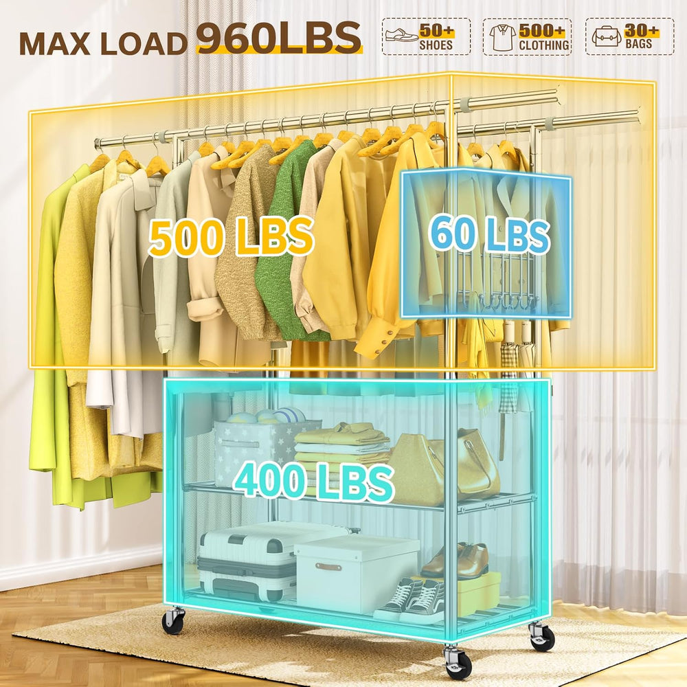 100% Stainless Steel Heavy Duty Clothes Rack Load 960LBS, Double Rod Clothing...