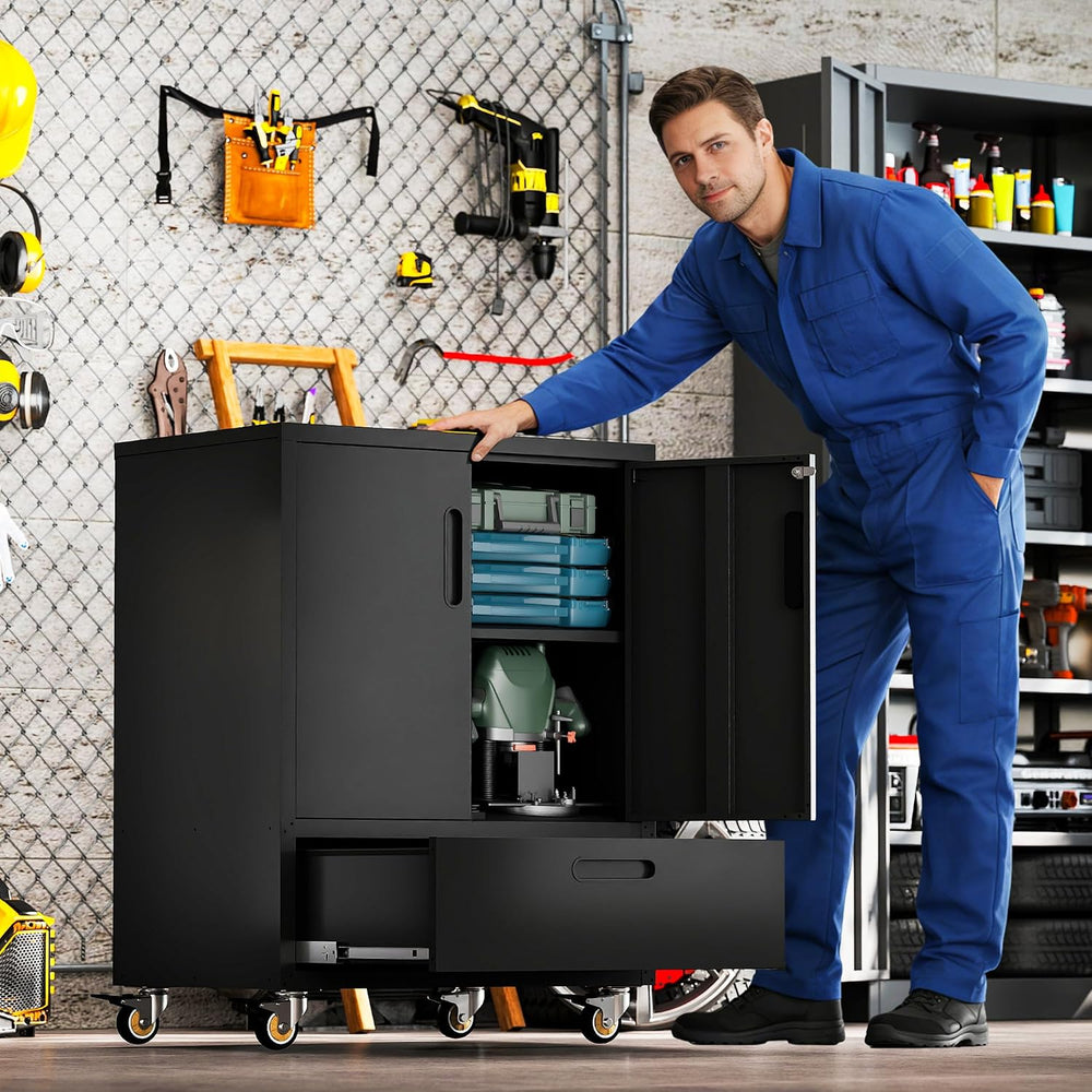 Metal Garage Storage Cabinet on Wheels, Lockable Rolling Tool Cabinet