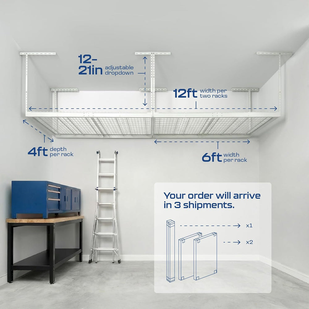 MonsterRax 2-Pack 4x6 Overhead Garage Storage Rack, White, 12"-21" ...