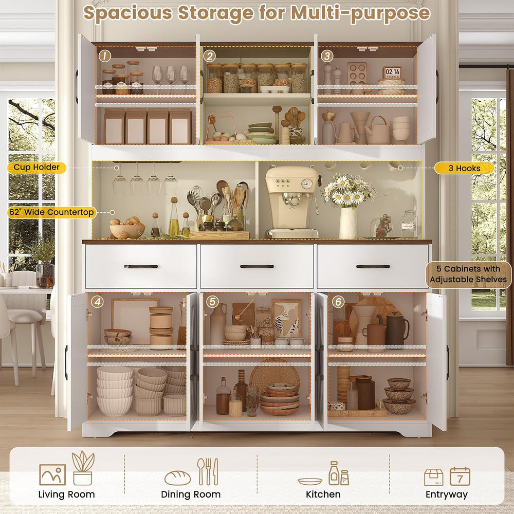 71" Tall Kitchen Pantry Cabinet with Charging Station, 62" W Food P...