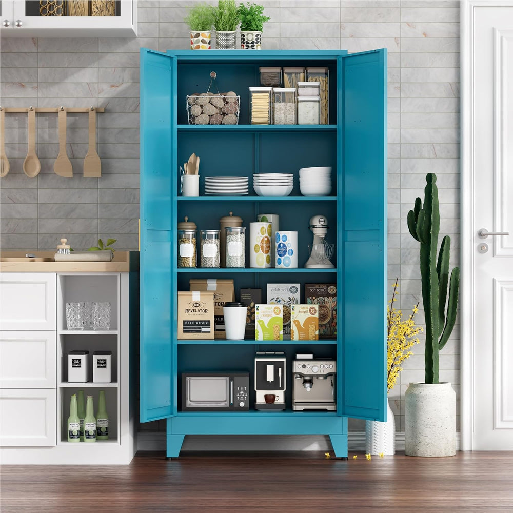 Farmhouse Pantry Cabinet with Barn Doors, 71" H x 31.5" W, 5-Tier M...