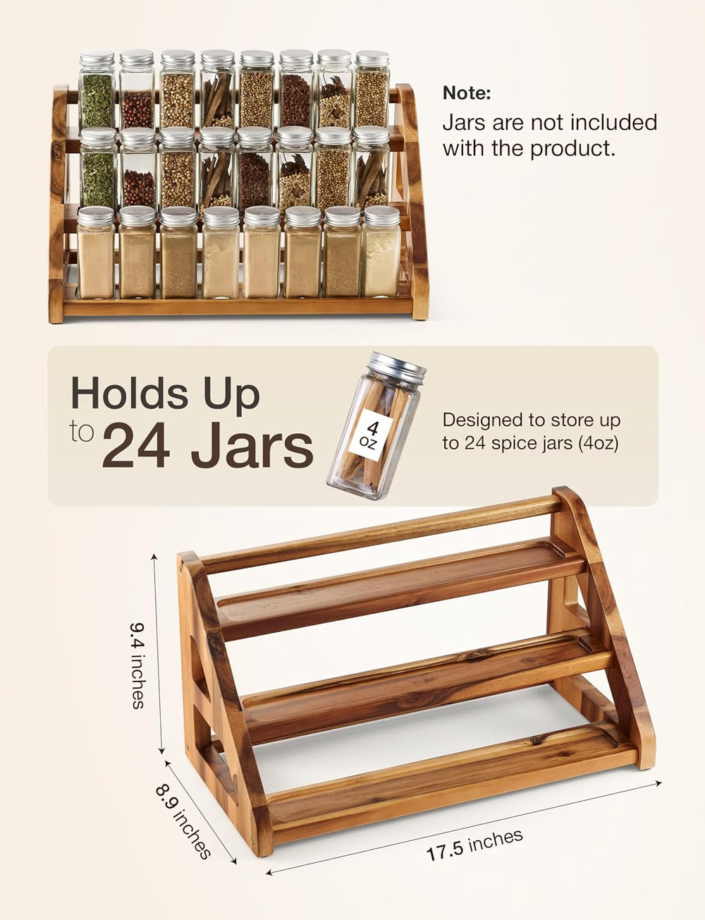 Tinamo Acacia Wood Spice Rack for Countertop, 3-Tier Design, Holds 24 Jars