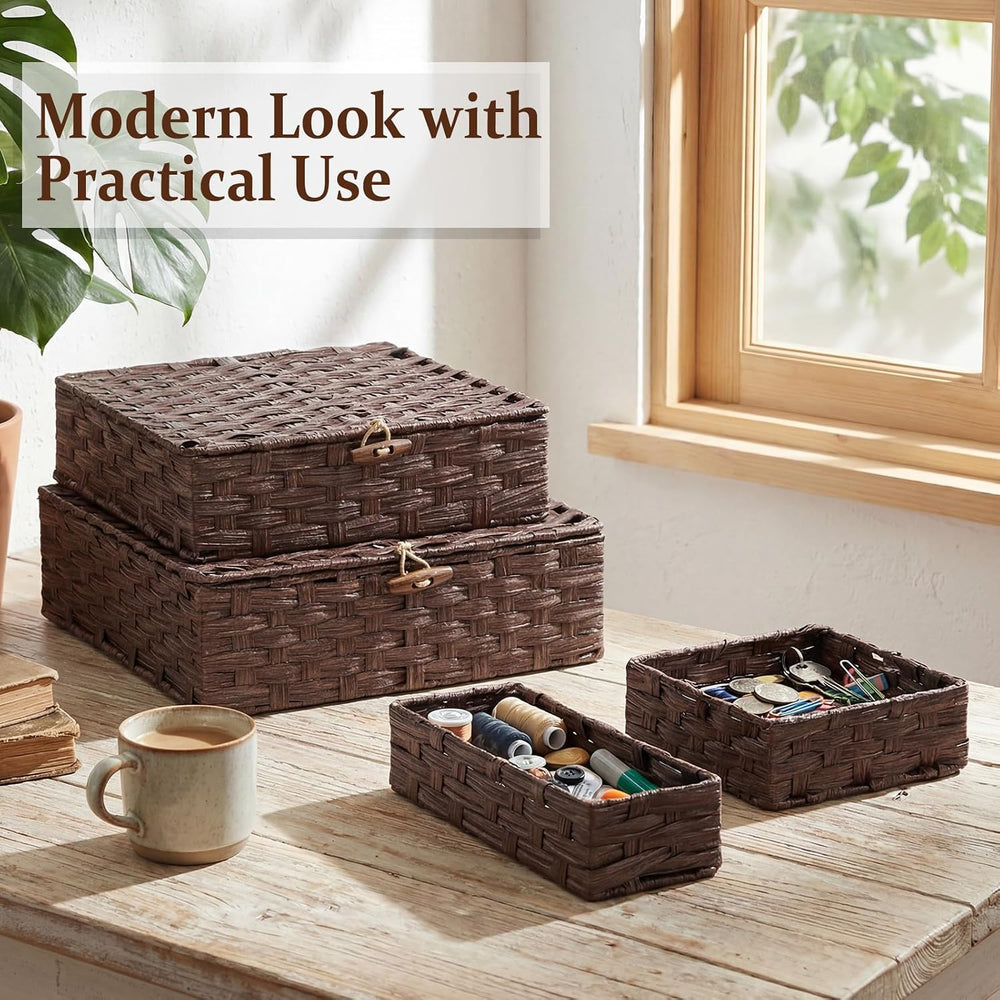 Newtay Set of 4 Woven Wicker Storage Baskets with Lids, Decorative Storage Bo...