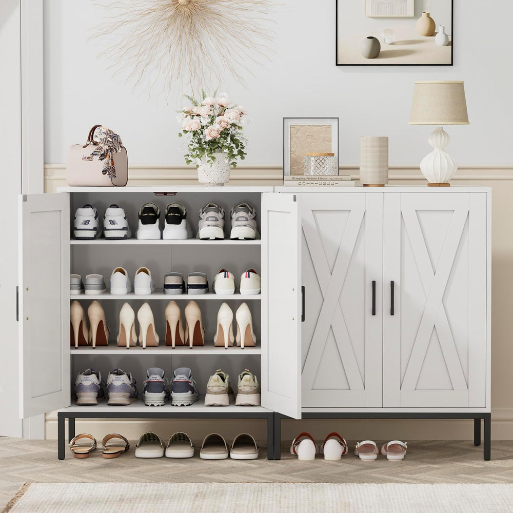 Homleke Farmhouse Shoe Cabinet with 2 Barn Doors & Metal Legs
