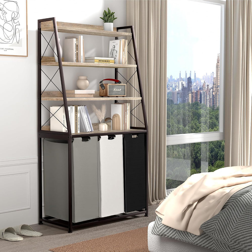 Herture Laundry Basket, 3 Section Laundry Hamper with 4 Tiers Shelf, Pull-Out...