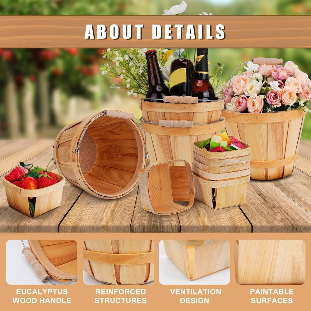 Leinuosen 9 Pcs Wooden Basket Set, 3 Bushel Buckets 6 Harvest Baskets