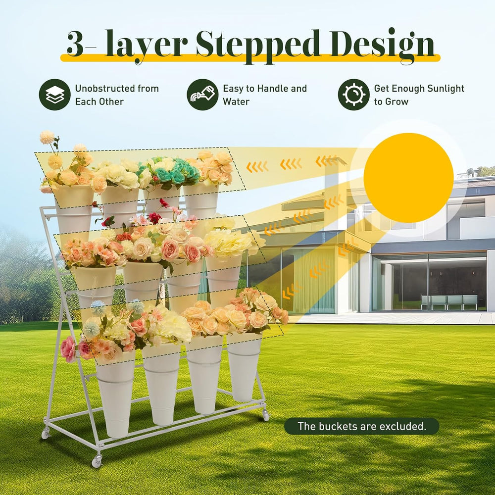 Plant Flower Bloom Bar Stand with 12 Buckets, Flower Cart Display Stand White...