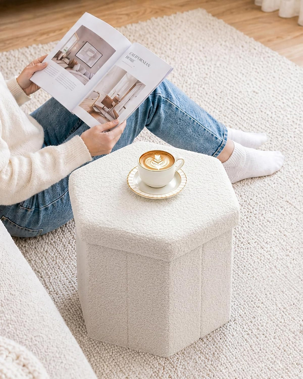 B FSOBEIIALEO Storage Ottoman,15" Hexagonal Teddy Pouf Ottomans,Cream White