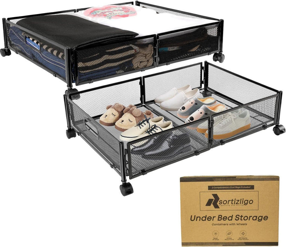 2pcs Large UnderBed Storage with Wheels - Sturdy Black Under Bed Storage with...