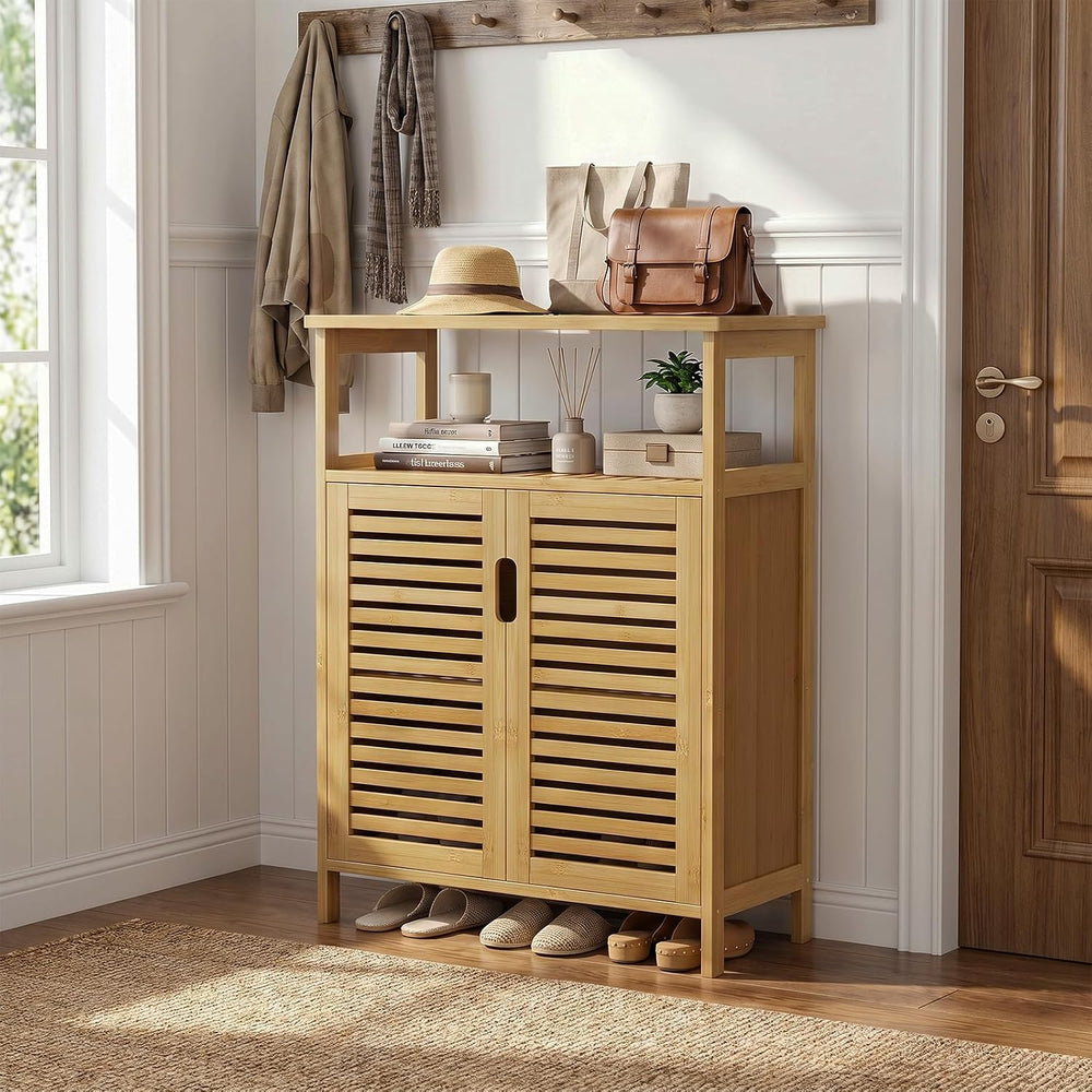 Bamboo Freestanding Bathroom Floor Storage Cabinet with Doors & Shelf