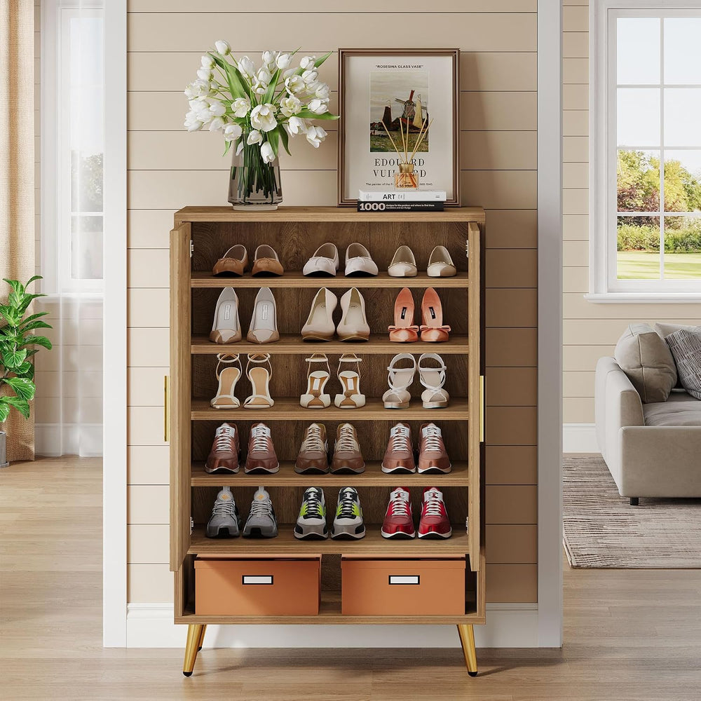 Tribesigns Entryway Shoe Cabinet with Doors (Natural Wood)