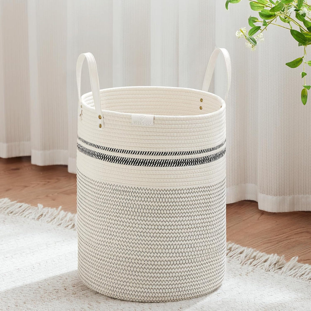 VIPOSCO 53L Tall Woven Rope Laundry Hamper, Leather Handles, Stripe White