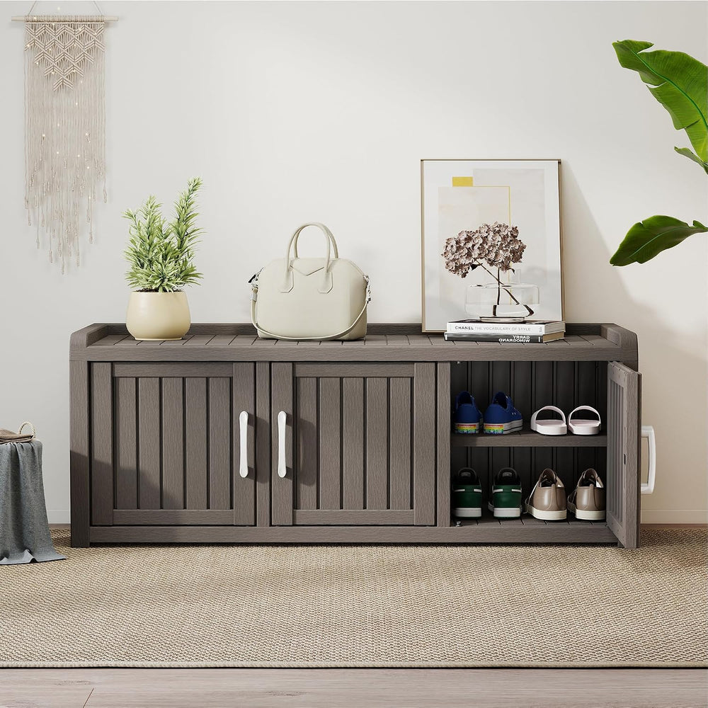 2-Tier Storage Bench, Waterproof UV-Resistant Outdoor Shoe Storage Cabinet wi...