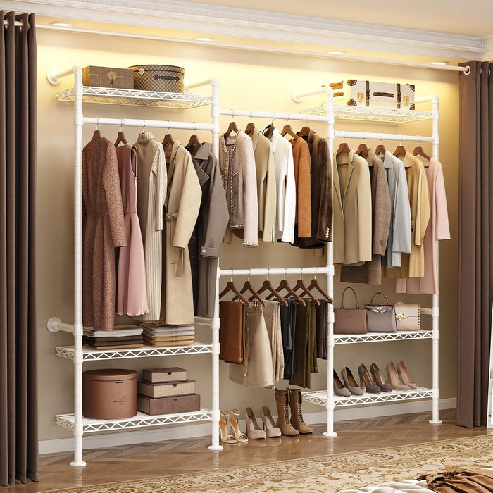 3-Bay Industrial Pipe Closet System, Wall Mounted Garment Racks, White