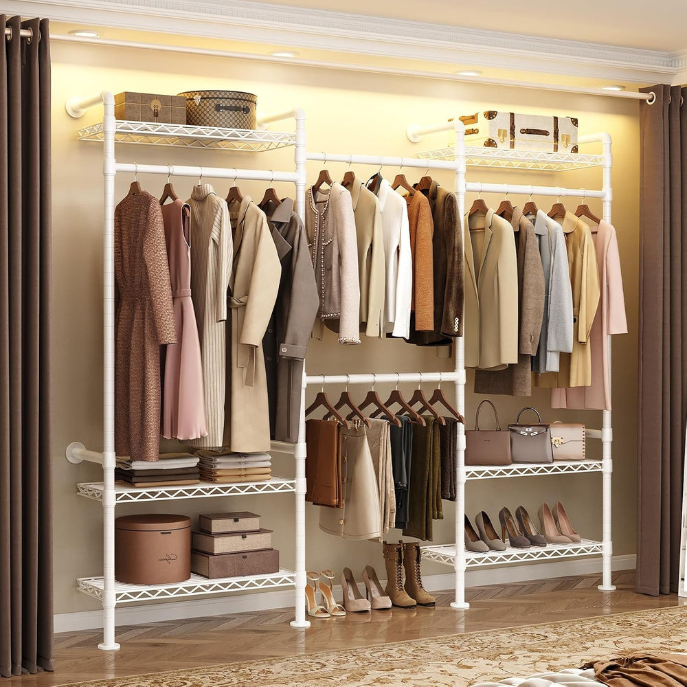 3-Bay Industrial Pipe Closet System, Wall Mounted Garment Racks, White