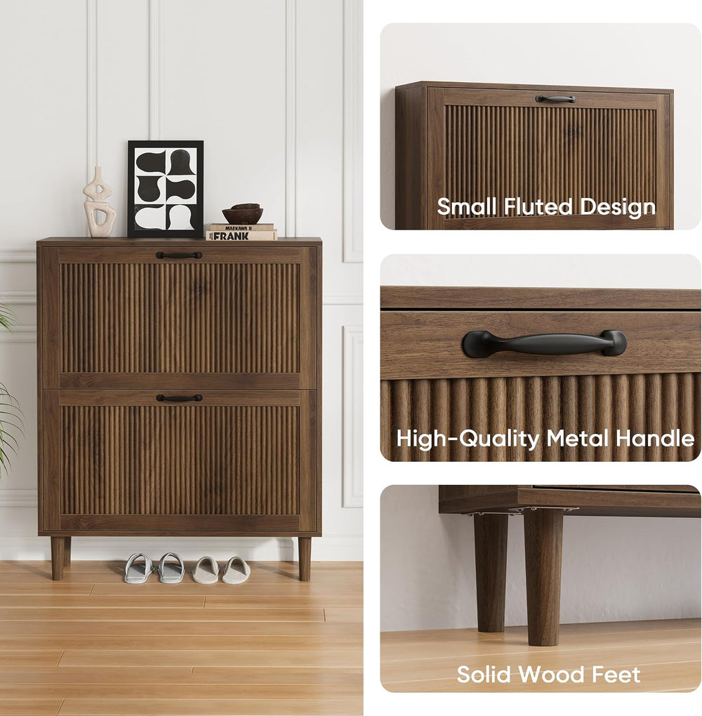 Smuxee Walnut Shoe Cabinet with 2 Flip Drawers, 31.5" Hidden Shoe Storag...