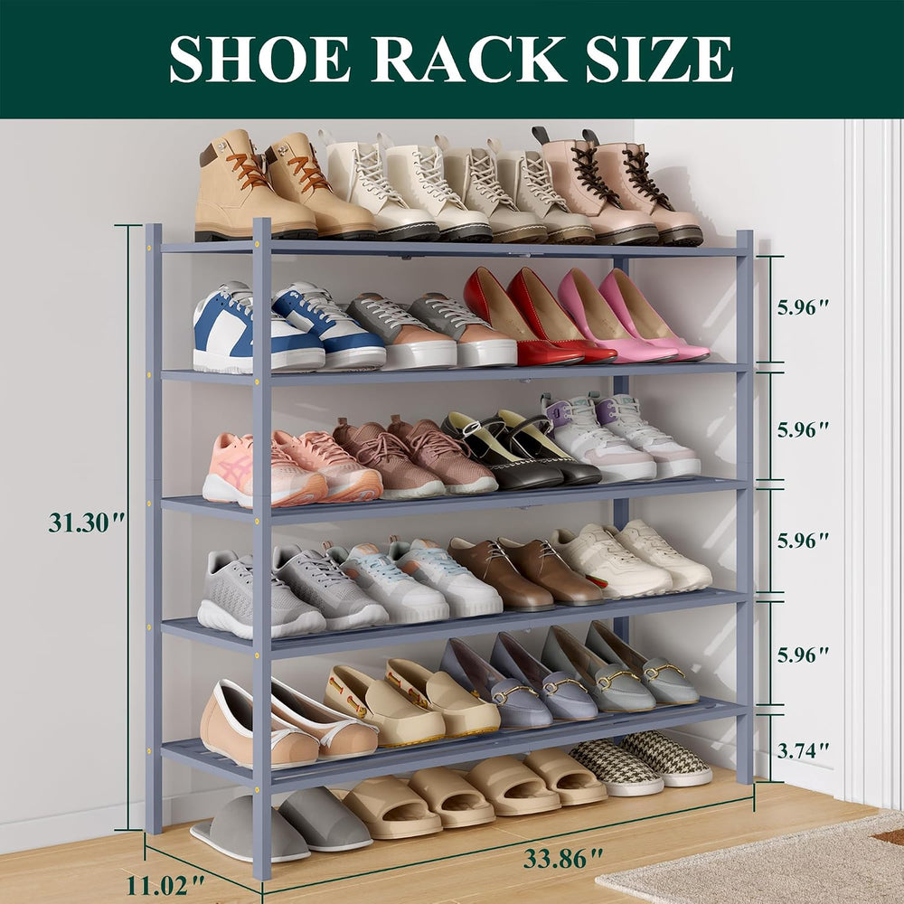Smiry Bamboo Shoe Rack, 5 Horizontal Slats, 5 Tier - 33.9" Wide, Grey