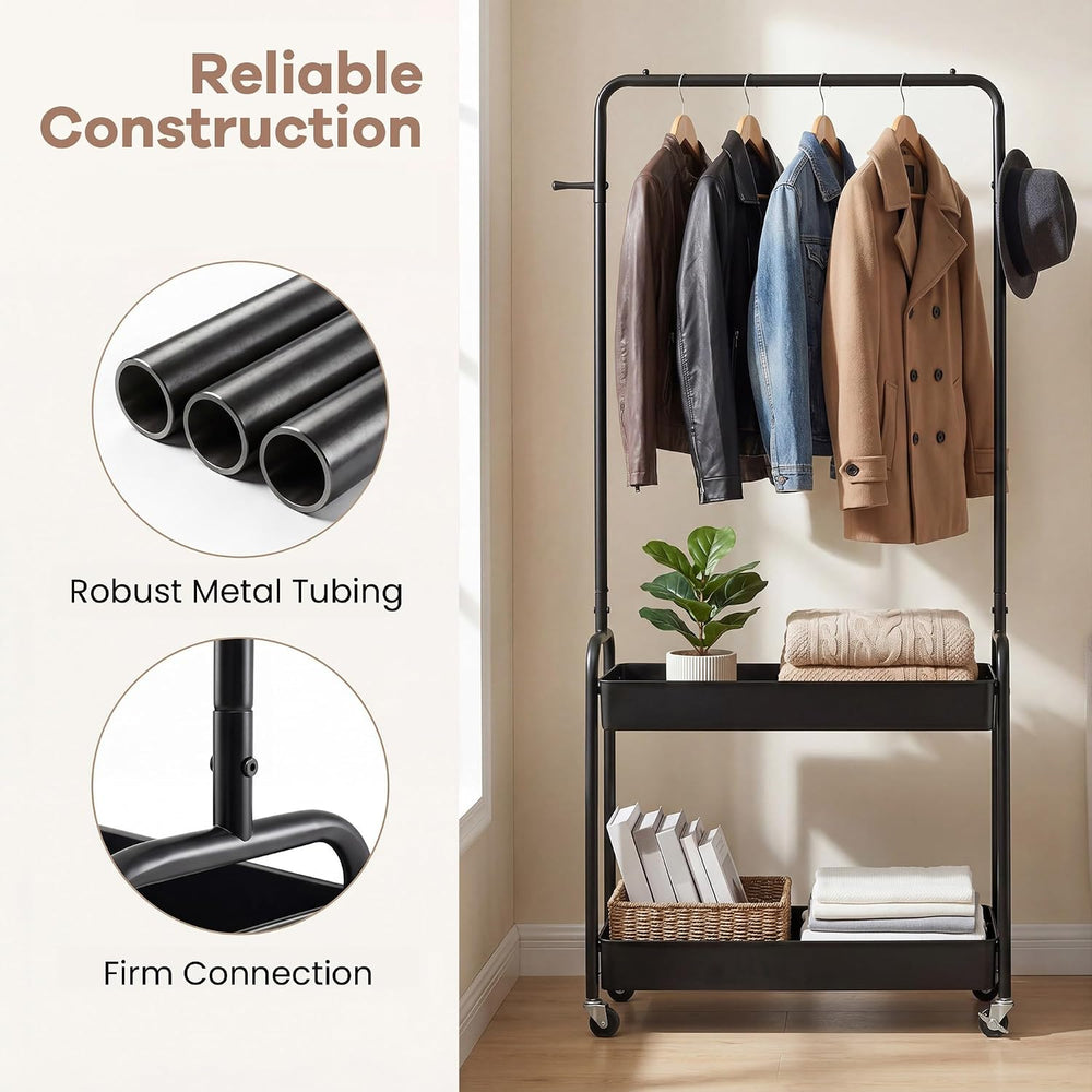 COSTWAY 3 in 1 Rolling Metal Clothes Rack with 2 Baskets & Hooks (Black)