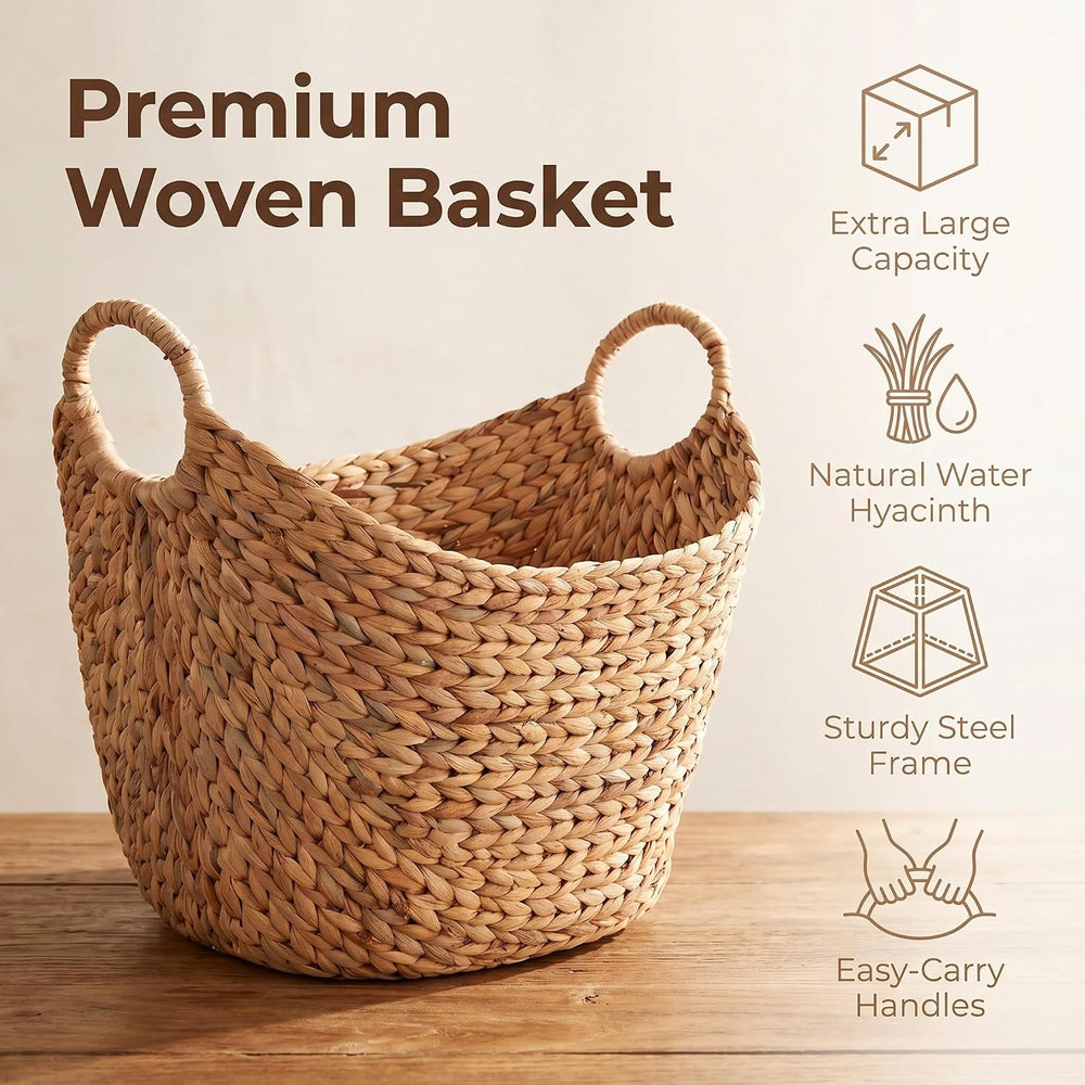 Extra Large Water Hyacinth Storage Basket with Handles, Natural Bin