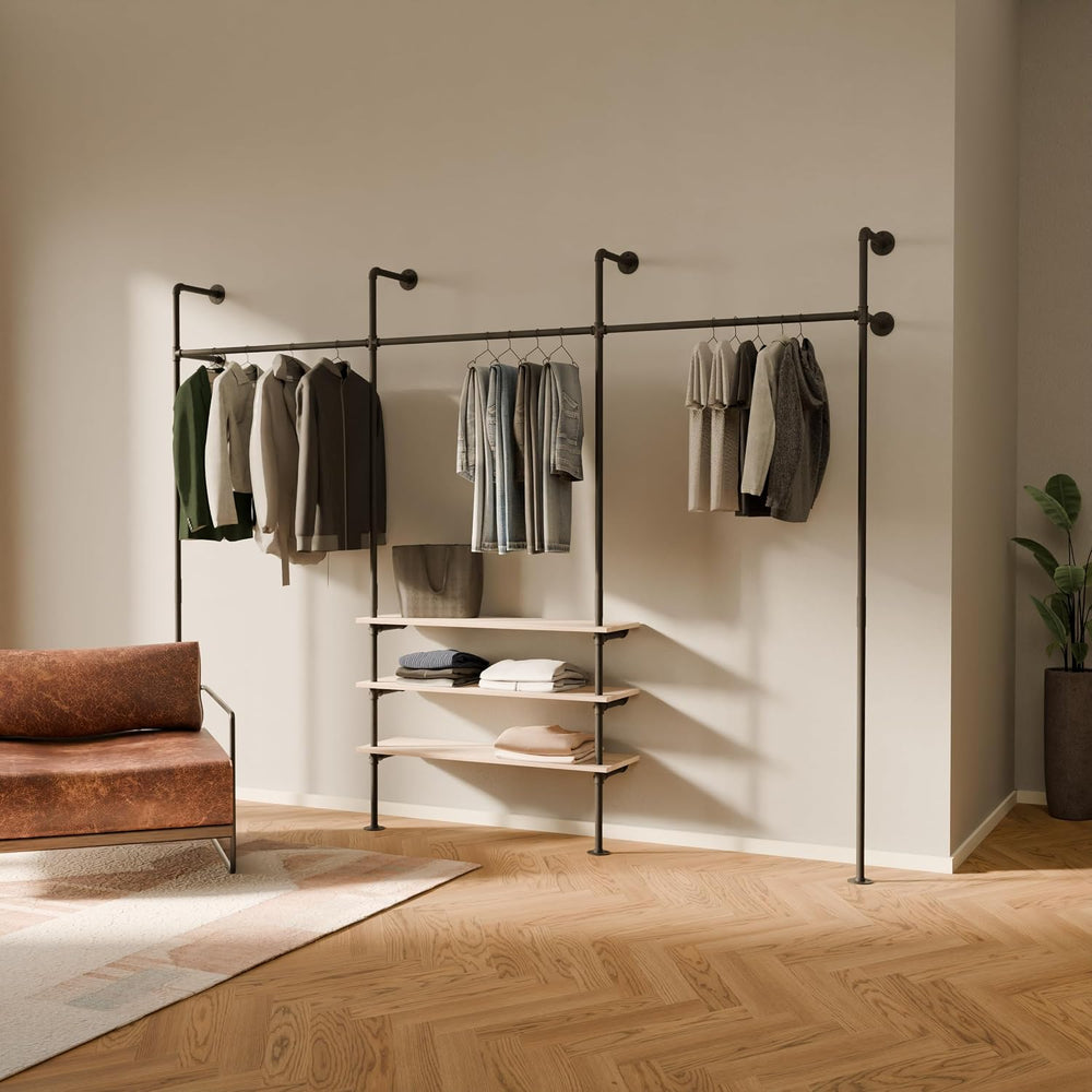 pamo Wall Mounted Clothing Rack with Oak Sheves – 117" W × 87" H, 1...