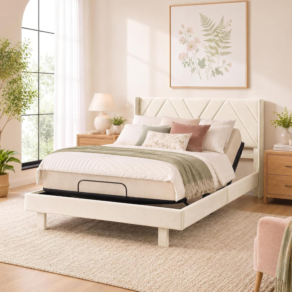 Softa Queen All-in-One Adjustable Bed Frame with Upholstered Bed Frame Headbo...