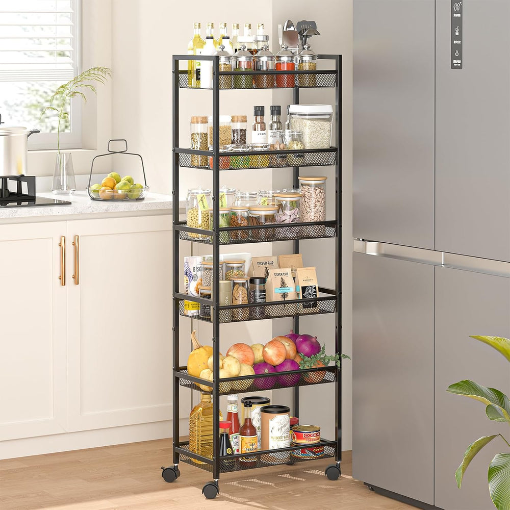 6 Tier Slim Rolling Storage Cart, Narrow Mobile Shelving Unit Organizer Utili...